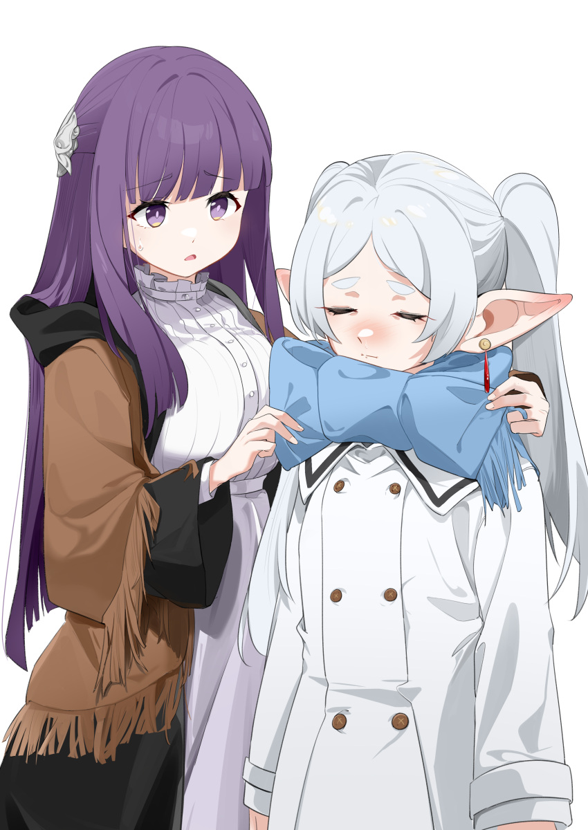 2girls absurdres adjusting_another's_clothes blue_scarf blunt_bangs breasts brown_jacket closed_eyes closed_mouth commentary_request dress earrings fern_(sousou_no_frieren) frieren grey_hair highres jacket jewelry large_breasts long_hair long_sleeves looking_at_another multiple_girls open_mouth pointy_ears purple_hair scarf simple_background sousou_no_frieren sweatdrop thick_eyebrows twintails upper_body violet_eyes wako_(1194433260) white_background white_dress