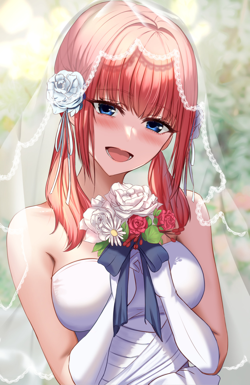 1girl :d absurdres alternate_costume alternate_hairstyle bare_shoulders black_ribbon blue_eyes blurry blurry_background blush bouquet breasts bridal_veil commentary_request dress eyelashes eyes_visible_through_hair flower gloves go-toubun_no_hanayome hair_between_eyes hair_flower hair_ornament hair_ribbon hands_up happy head_tilt highres holding holding_bouquet kukeylove large_breasts looking_at_viewer low_twintails medium_hair nakano_nino open_mouth red_flower red_rose redhead ribbon rose smile solo strapless strapless_dress twintails upper_body veil wedding wedding_dress white_dress white_flower white_gloves white_ribbon white_rose