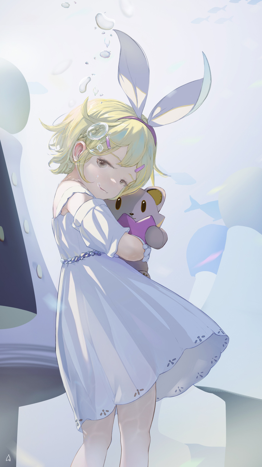 1girl absurdres aged_down agwing86 air_bubble blonde_hair bubble dress hair_ornament hairclip highres holding holding_stuffed_toy kagamine_rin short_hair solo stuffed_animal stuffed_toy underwater vocaloid white_dress