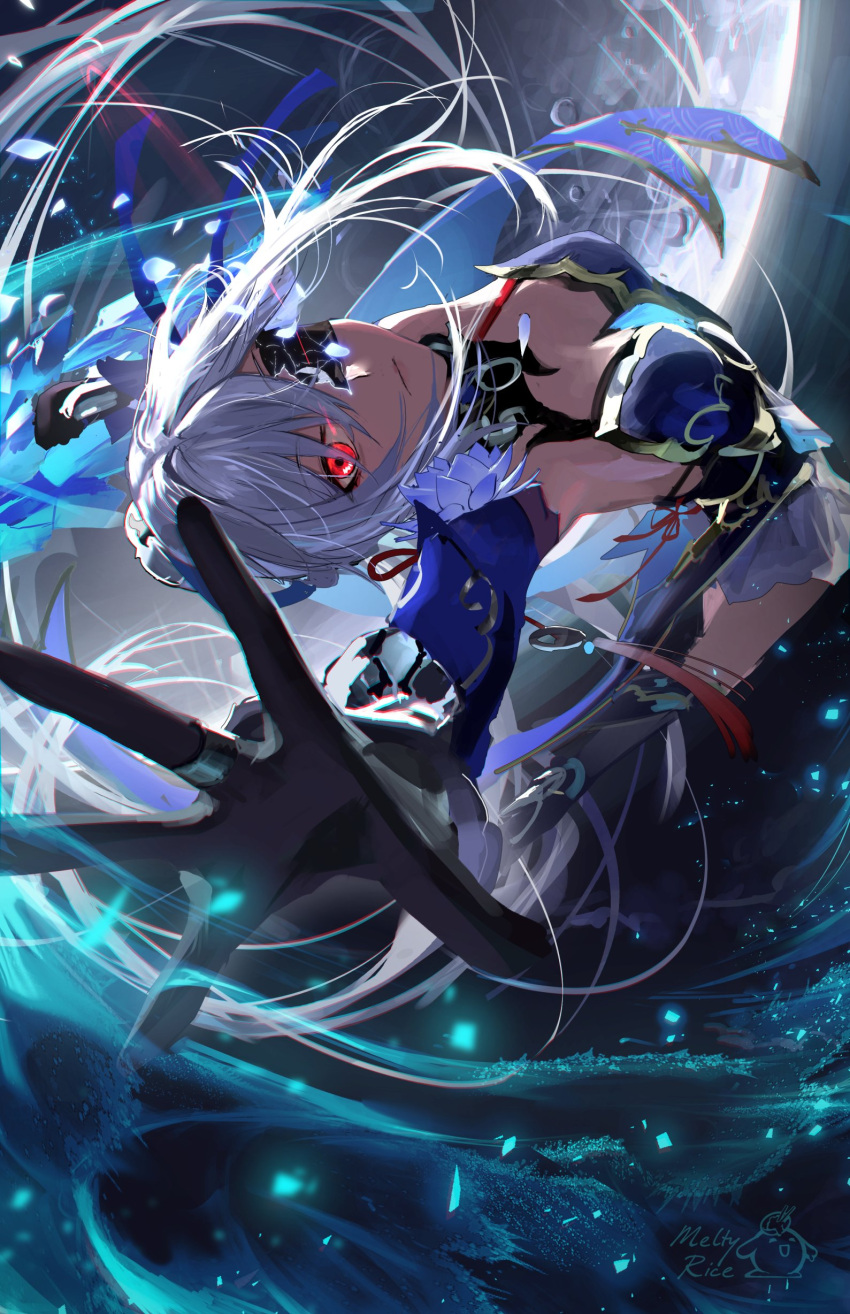 1girl absurdres black_gloves blue_dress closed_mouth detached_sleeves dress dynamic_pose expressionless flower full_body gloves grey_hair hair_between_eyes highres holding honkai:_star_rail honkai_(series) jewelry jingliu_(honkai:_star_rail) long_hair looking_at_viewer meltyrice moon one_eye_covered outstretched_hand red_eyes ring sidelocks signature skirt solo