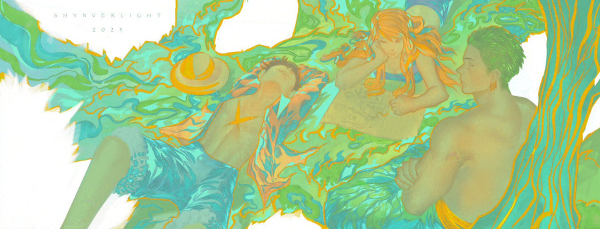 1girl 2boys breasts denim denim_shorts feet_out_of_frame from_above green_theme hat head_tilt highres long_hair lying map monkey_d._luffy multiple_boys nami_(one_piece) on_back on_stomach one_eye_closed one_piece orange_hair reading roronoa_zoro short_hair shorts shyn_verlight smile standing straw_hat toned toned_male