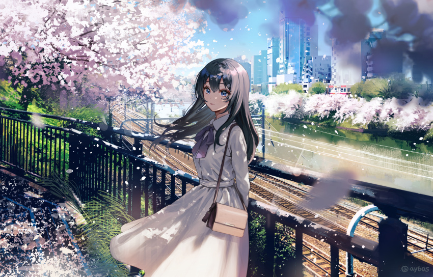 1girl arms_behind_back ay6as bag black_hair blue_sky blurry building cherry_blossoms cherry_tree city closed_mouth collared_dress commentary_request day depth_of_field dress floating_hair hair_between_eyes handbag highres lips long_hair looking_at_viewer original outdoors overhead_line railing railroad_tracks scenery sky skyscraper smile solo standing tree violet_eyes white_dress