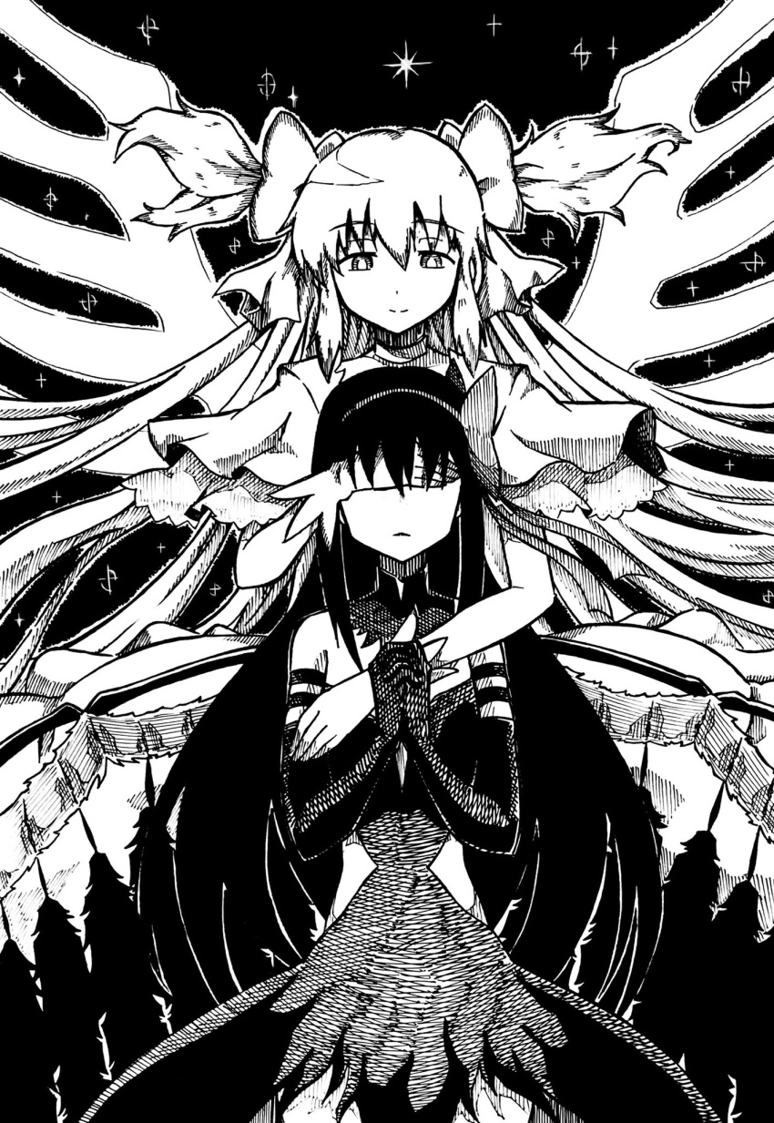 2girls akemi_homura akuma_homura bow clothing_cutout covering_another's_eyes detached_collar dress elbow_gloves feathered_wings frilled_dress frills gloves goddess_madoka hair_bow harumayago highres kaname_madoka looking_at_another magical_girl mahou_shoujo_madoka_magica mahou_shoujo_madoka_magica:_hangyaku_no_monogatari monochrome multiple_girls own_hands_together short_twintails side_cutout sky standing star_(sky) starry_sky twintails wings