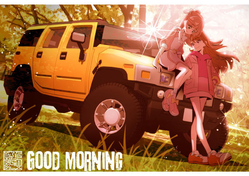 2girls artist_logo brown_hair car commentary_request dress english_text eyelashes forest good_morning green_eyes happy hijiri_ageha hirogaru_sky!_precure hood hoodie hummer hummer_h2 jacket kamikita_futago long_hair looking_at_another motor_vehicle multiple_girls nature nijigaoka_mashiro pink_eyes pink_hair pink_hoodie pink_jacket precure shoes sitting sitting_on_car smile sports_utility_vehicle standing tree