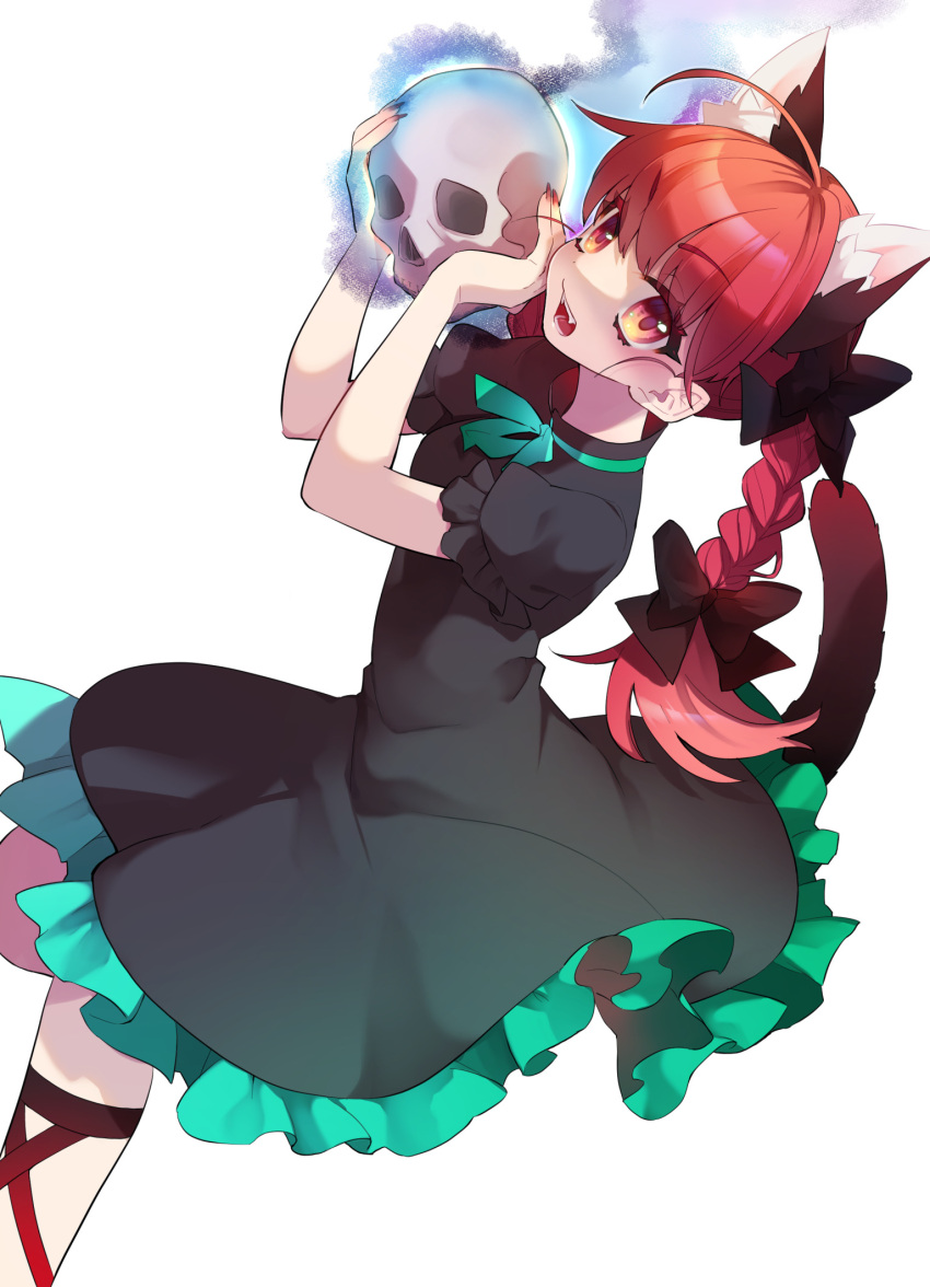 1girl akibotann animal_ears braid cat_ears cat_tail dress extra_ears frilled_dress frilled_sleeves frills green_dress highres holding holding_skull kaenbyou_rin long_hair multiple_tails open_mouth red_eyes redhead short_sleeves simple_background skull solo tail touhou twin_braids two_tails white_background