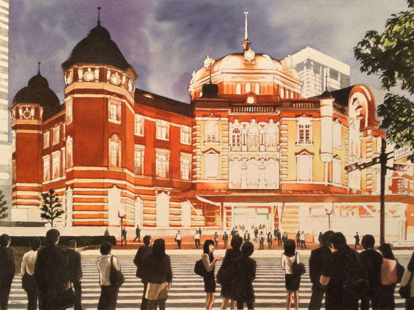 6+others blue_sky building city clouds cloudy_sky crosswalk lamppost multiple_others night night_sky original painting_(medium) road sign sky toirom_pmxh tokyo_(city) tokyo_station traditional_media tree
