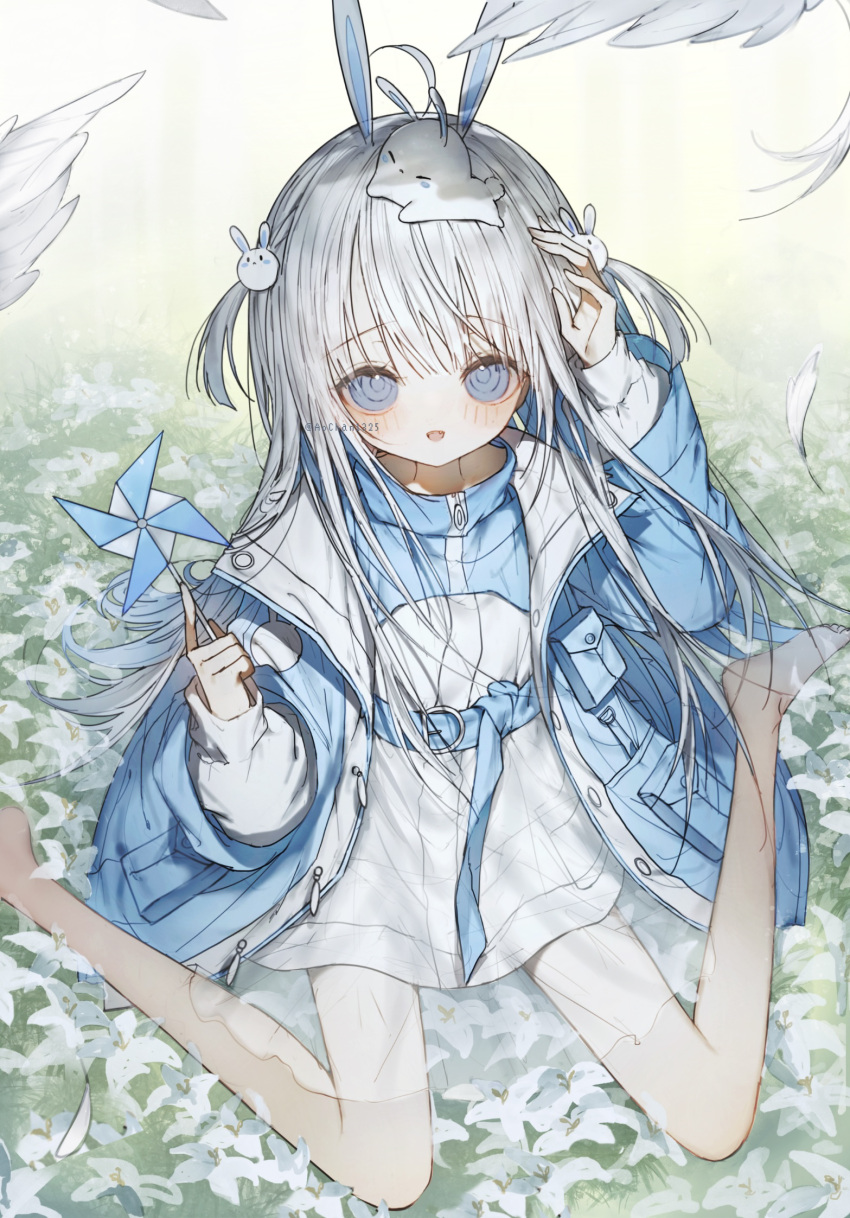 1girl ahoge animal_ears aochan_1325 barefoot bird blue_eyes blush commentary_request creature dove dress feathers flower grass grey_hair hair_ornament highres jacket long_hair looking_at_viewer open_clothes open_jacket open_mouth original outdoors pinwheel rabbit_ears rabbit_hair_ornament ringed_eyes sitting smile solo wariza