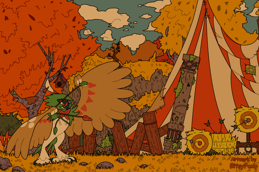 absurdres animal_focus archery arrow_(projectile) artist_name autumn birdhouse bitsyfoxy branch bush circus_tent claws clouds decidueye english_commentary forest from_side hay_bale highres moss nature no_humans orange_eyes outdoors pokemon pokemon_(creature) rock standing tent tree