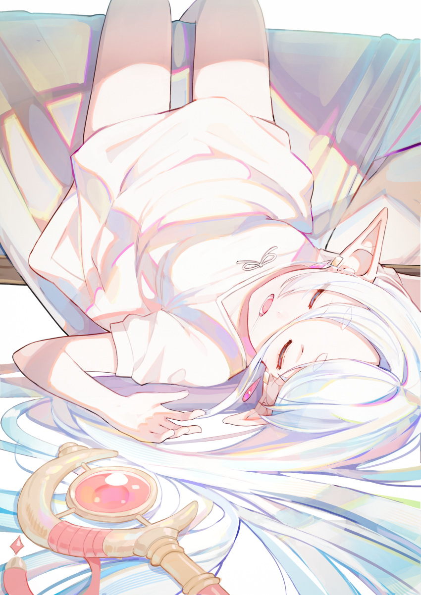 1girl absurdres breasts dress earrings elf frieren hair_between_eyes hair_spread_out highres jewelry lying misyune on_back open_mouth pointy_ears sleeping small_breasts solo sousou_no_frieren staff white_dress