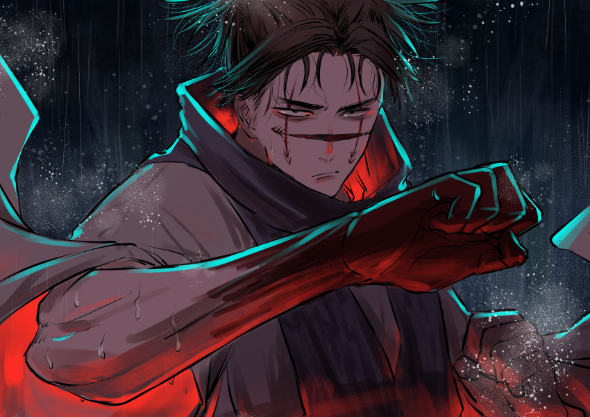 1boy absurdres black_eyes black_hair black_scarf blood blood_on_hands choso_(jujutsu_kaisen) closed_mouth facial_tattoo fighting_stance hands_up highres jgg30ksks jujutsu_kaisen looking_at_viewer male_focus rain robe scarf short_hair solo tattoo upper_body v-shaped_eyebrows wet white_robe wide_sleeves