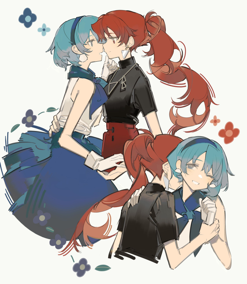 2girls absurdres black_shirt blue_eyes blue_flower blue_hair blue_shawl dangle_earrings earrings flower from_side gloves hairband hand_on_another's_chin hand_on_another's_waist highres holding_another's_wrist imminent_kiss jewelry kiss kissing_neck long_hair looking_at_another mahou_shoujo_madoka_magica miki_sayaka multiple_girls one_eye_closed ponytail red_eyes red_flower red_skirt redhead rin_lingsong sakura_kyoko shawl shirt short_hair skirt sleeveless sleeveless_shirt smile upper_body very_long_hair white_background white_gloves yuri