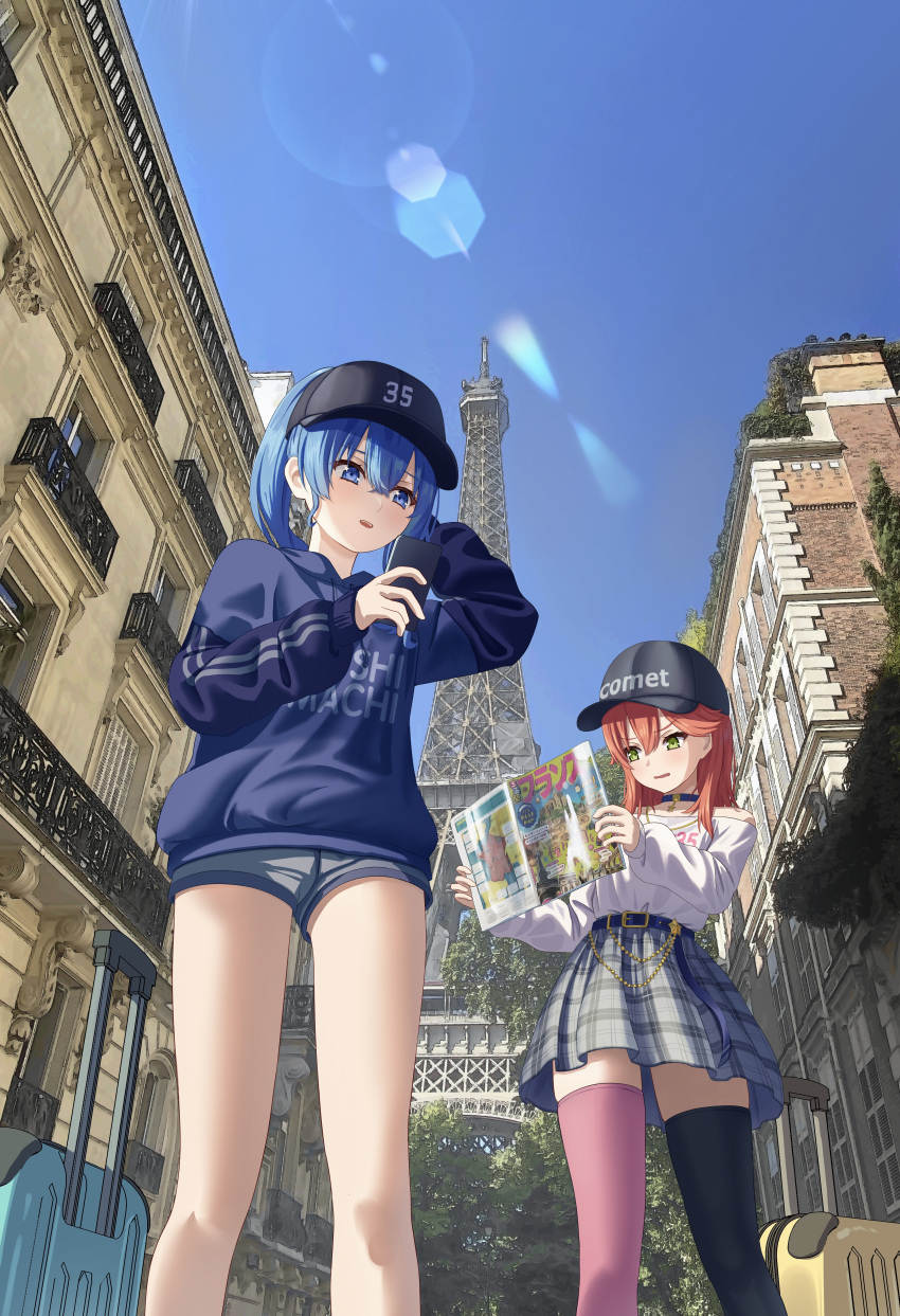 absurdres asakura_(asa_t77) blue_eyes blue_hair briefcase brochure cellphone city confused day eiffel_tower france green_eyes highres holding holding_phone hololive hoshimachi_suisei open_mouth outdoors phone pink_hair sakura_miko smartphone smile vacation virtual_youtuber
