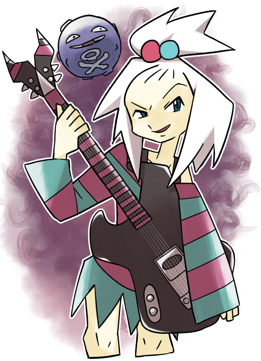 1girl blue_eyes cropped_legs dress guitar hair_bobbles hair_ornament highres holding holding_guitar holding_instrument instrument koffing long_sleeves looking_to_the_side magu_oka medium_hair off_shoulder open_mouth pokemon pokemon_(creature) pokemon_(game) pokemon_bw2 roxie_(pokemon) short_hair sleeves_past_wrists smile solo striped striped_dress topknot uneven_eyes white_hair
