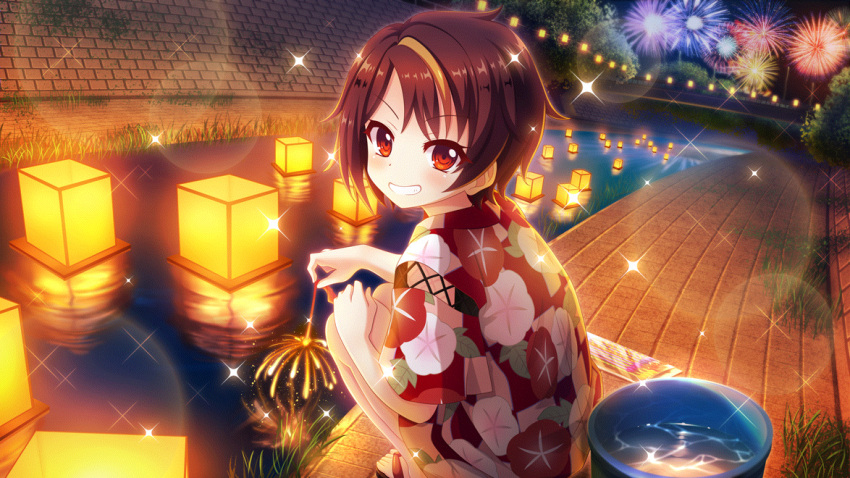1girl aerial_fireworks bandou_mikuru blonde_hair brick bridge brown_hair bucket bucket_of_water dot_nose film_grain fireworks fisheye from_side game_cg grass grin holding_fireworks izumi_tsubasu japanese_clothes kimono lantern lens_flare looking_at_viewer multicolored_hair night non-web_source official_art print_kimono re:stage! red_eyes river sandals short_hair smile solo sparkle sparkler squatting stone_walkway streaked_hair summer_festival two-tone_hair water