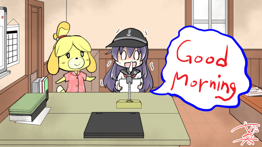 0_0 akatsuki_(kancolle) anchor_symbol animal_crossing black_headwear blush_stickers book calendar_(object) computer crossover dog_girl flat_cap floral_print_shirt furry furry_female hat holding holding_paper ichininmae_no_lady indoors isabelle_(animal_crossing) kantai_collection laptop microphone neckerchief nervous nervous_sweating nyonyonba_tarou open_mouth paper phone pink_shirt red_neckerchief sailor_collar shaded_face shirt signature snot snot_trail speech_bubble sweat sweatdrop trembling white_shirt whiteboard window