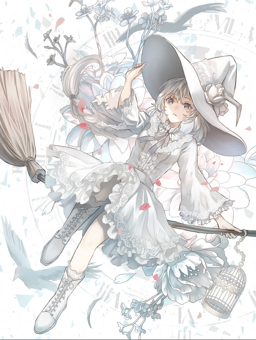 1girl analog_clock bell_sleeves bird birdcage boots braid branch broom broom_riding cage center_frills clock collar cross-laced_footwear dress falling_petals flower frilled_collar frilled_dress frilled_sleeves frills full_body grey_eyes grey_ribbon hair_between_eyes hand_on_headwear hat hat_flower highres kirinosuke knee_up lace-trimmed_dress lace-up_boots lace_trim layered_sleeves long_hair long_sleeves looking_at_viewer neck_ribbon original parted_lips petals ribbon sidesaddle single_braid solo white_background white_collar white_dress white_flower white_footwear white_hair white_headwear white_theme witch witch_hat
