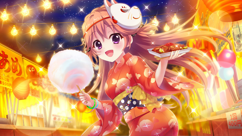 1girl :d black_bow black_sash bow bracelet chopsticks cotton_candy dot_nose film_grain floral_print food food_request food_stand fox_mask from_side game_cg haeno_akari hair_bow holding holding_food izumi_tsubasu japanese_clothes jewelry kimono lantern lens_flare long_hair looking_at_viewer mask mask_on_head night night_sky non-web_source noodles obi official_art open_mouth orange_hair outdoors paper_lantern plaid plaid_bow print_kimono re:stage! red_kimono sash sky smile solo sparkle star_(sky) starry_sky string_of_light_bulbs summer_festival two_side_up violet_eyes yukata