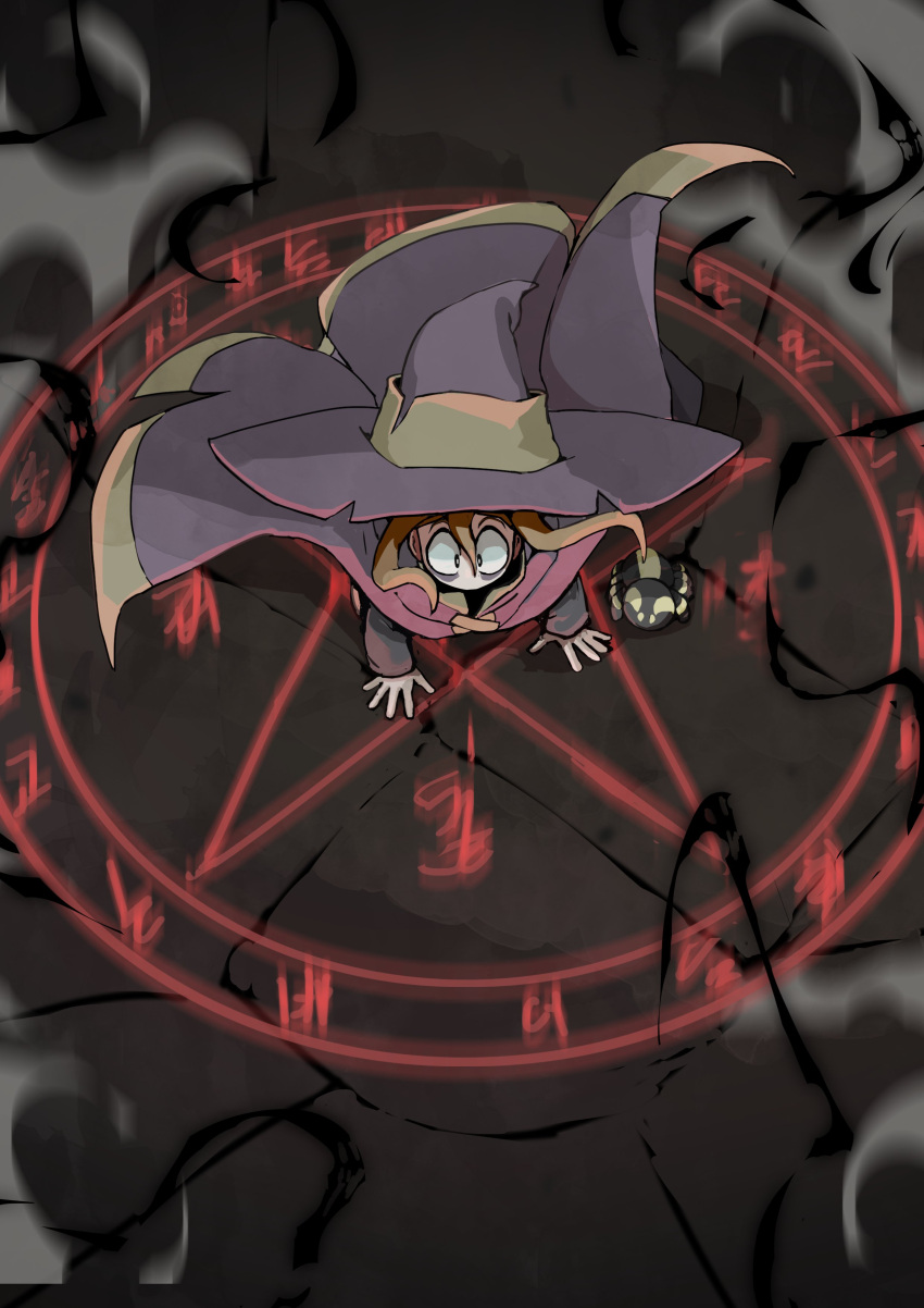 1girl absurdres bags_under_eyes brown_hair bug cloak crack cracked_floor english_commentary hands_on_floor hat highres hongga magic_circle original pentagram smoke solo spider summoning wide-eyed witch witch_hat