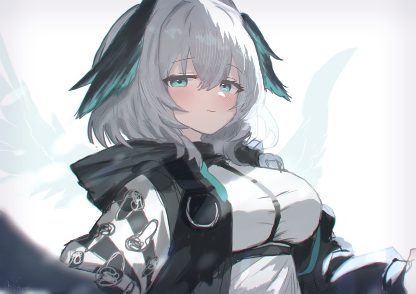 1girl absurdres aqua_eyes aqua_wings arknights black_jacket blurry blurry_foreground blush breasts commentary delfino dress feathered_wings grey_hair hair_between_eyes head_wings highres ho'olheyak_(arknights) hood hooded_jacket huge_breasts jacket looking_at_viewer portrait short_hair simple_background smile solo upper_body white_background white_dress white_jacket wings