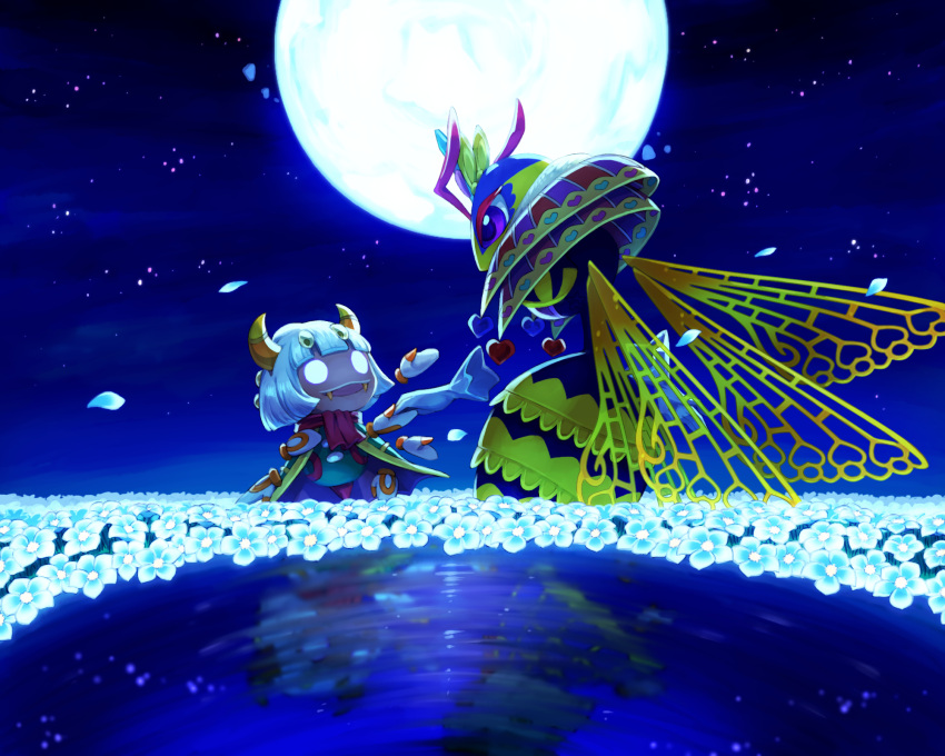 1boy 1girl antennae cape different_reflection disembodied_limb falling_petals fangs flower heart hetero highres horns insect_wings kirby:_triple_deluxe kirby_(series) looking_at_another moon no_humans orusuta961 petals queen_sectonia reflection scarf star_(sky) taranza violet_eyes white_hair wings