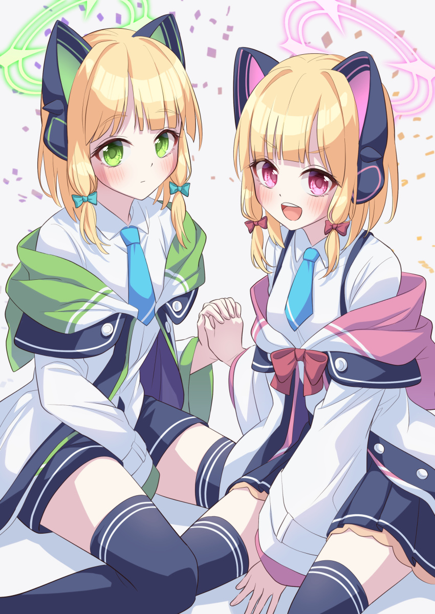 2girls absurdres black_skirt black_thighhighs blonde_hair blue_archive blue_bow blue_necktie blush bow closed_mouth collared_shirt green_eyes green_halo hair_bow halo highres jacket long_sleeves midori_(blue_archive) momoi_(blue_archive) multiple_girls necktie open_mouth pink_eyes pink_halo pleated_skirt ramie_(ramie541) red_bow shirt short_hair siblings sisters skirt smile thigh-highs twins two-sided_fabric two-sided_jacket white_jacket white_shirt