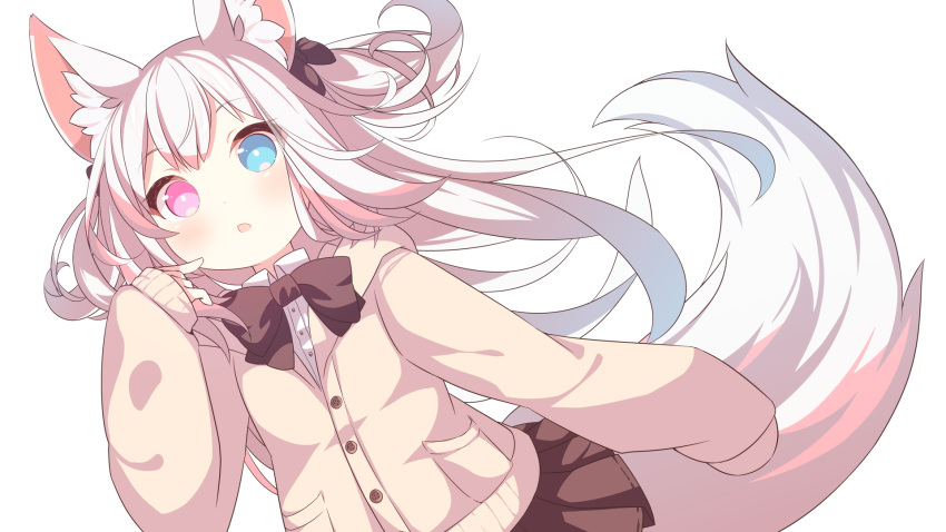 1girl animal_ear_fluff animal_ears blue_eyes bow brown_bow brown_cardigan brown_skirt cardigan collared_shirt commission daidai_ookami dress_shirt hair_bow heterochromia highres hood hood_down hooded_cardigan long_hair long_sleeves looking_at_viewer original parted_lips pink_eyes pleated_skirt puffy_long_sleeves puffy_sleeves shirt simple_background skeb_commission skirt sleeves_past_fingers sleeves_past_wrists solo tail very_long_hair white_background white_hair white_shirt