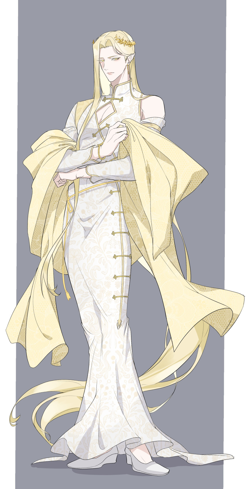 030lala 1boy absurdres blonde_hair eruhaben full_body highres laurel_crown laurels long_hair long_sleeves looking_at_viewer lout_of_count's_family male_focus pointy_ears solo very_long_hair yellow_eyes
