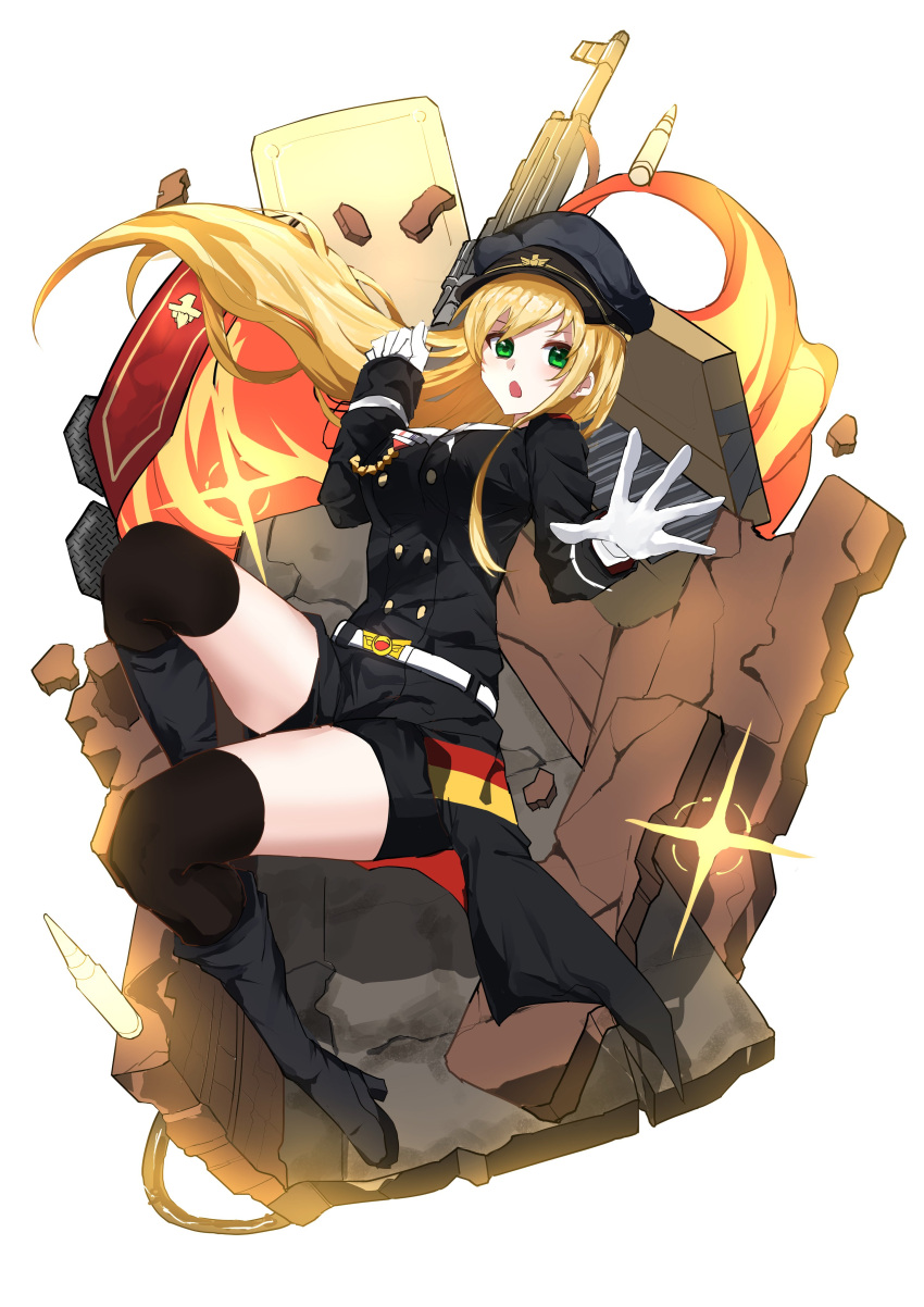 1girl absurdres assault_rifle black_footwear black_headwear black_jacket black_shorts blonde_hair boots breasts bullet commentary commission fire full_body german_flag girls_frontline gloves green_eyes gun hand_up hat high_heel_boots high_heels highres jacket long_hair long_sleeves maya_fa medium_breasts name_connection object_namesake open_mouth peaked_cap rifle second-party_source short_shorts shorts simple_background skeb_commission sleeves_past_wrists solo stg44 stg44_(girls'_frontline) thigh-highs thighhighs_under_boots very_long_hair weapon white_background white_gloves
