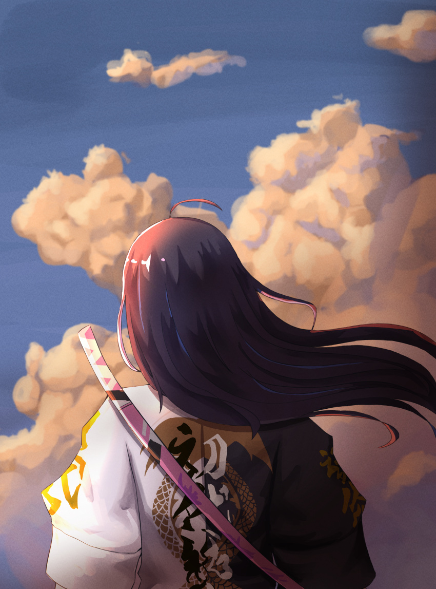 1girl absurdres ahoge black_hair black_jacket blue_sky clouds highres jacket kson long_hair maciel_panqueques multicolored_clothes multicolored_jacket sky souchou sword sword_on_back two-tone_jacket virtual_youtuber vshojo weapon weapon_on_back white_jacket