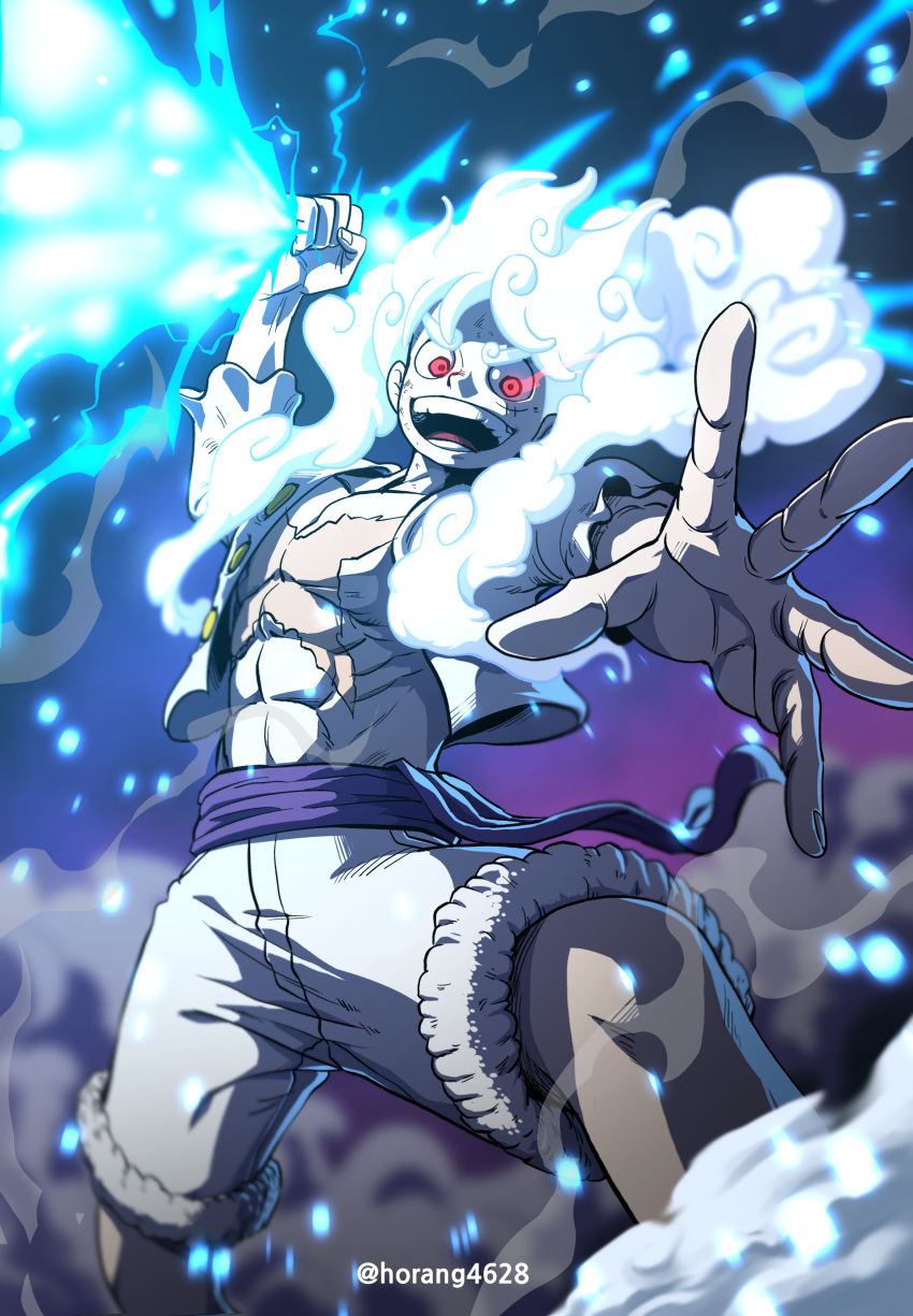 1boy abs absurdres arm_up artist_name blue_background blurry blurry_background blurry_foreground cloud_hair commentary_request curly_eyebrows frilled_sleeves frills fur-trimmed_shorts fur_trim gear_fifth glowing glowing_eyes gradient_background highres holding_lightning_bolt horang4628 korean_commentary lightning looking_at_viewer male_focus monkey_d._luffy one_piece open_clothes open_mouth open_shirt outstretched_hand pectorals purple_background purple_sash red_eyes sash scar scar_on_chest shirt short_hair short_sleeves shorts smile smoke solo standing teeth tongue twitter_username v-shaped_eyebrows white_hair white_shirt white_shorts