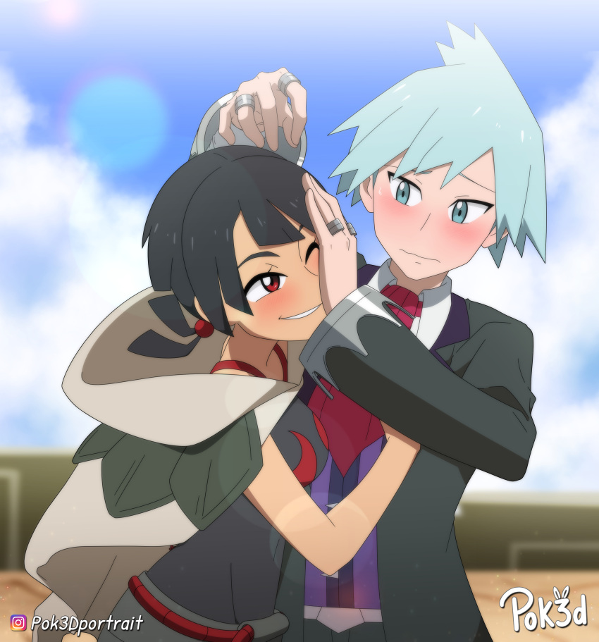 1boy 1girl absurdres black_hair blue_eyes blue_hair blue_sky blush cape commission hand_on_another's_face highres jewelry necktie one_eye_closed pok3d pokemon pokemon_(game) pokemon_oras red_eyes ring second-party_source sky smile steven_stone universal-kun_(m_ukkiw) upper_body wavy_mouth zinnia_(pokemon)