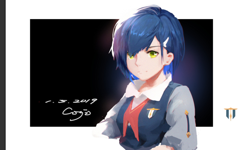 1girl artist_name black_background black_dress blue_hair border breasts chinese_commentary close-up collared_shirt commentary cropped_arms darling_in_the_franxx dated dress dress_shirt film_grain gigi_hamakaze gradient_background green_eyes grey_dress hair_ornament hair_over_one_eye hairclip ichigo_(darling_in_the_franxx) light_smile looking_at_viewer military_uniform outside_border portrait revision shirt short_hair signature small_breasts smile solo swept_bangs two-tone_dress uniform upper_body white_border white_undershirt