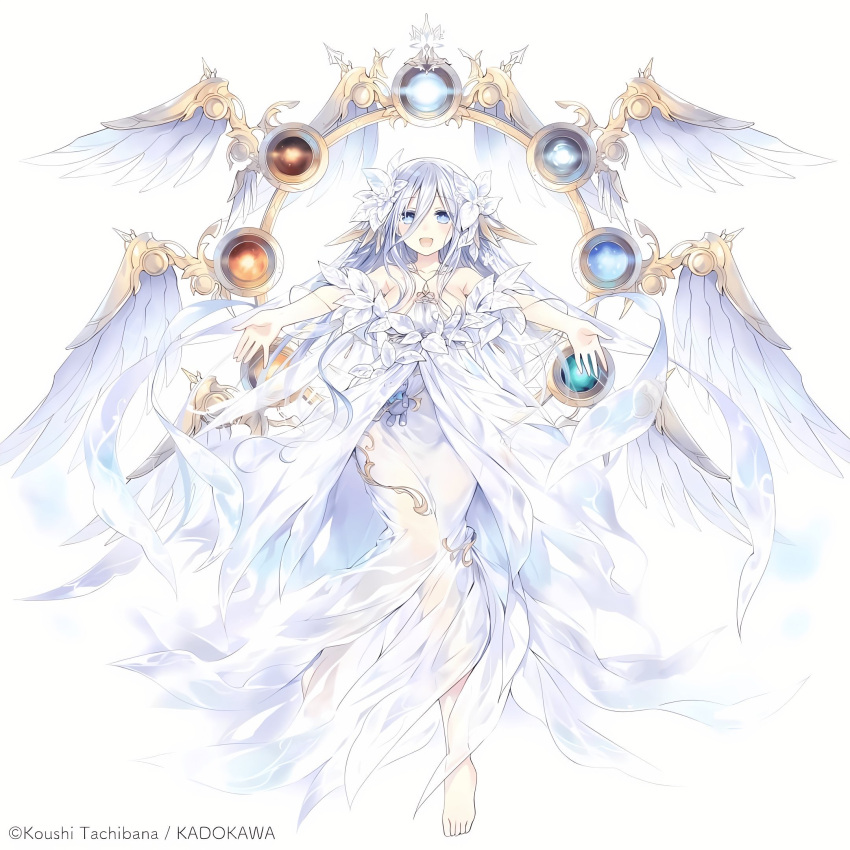date_a_live dress flower highres long_hair looking_at_viewer non-web_source open_mouth outstretched_arms see-through see-through_dress smile solo spread_arms takamiya_mio tsunako white_dress white_hair wings