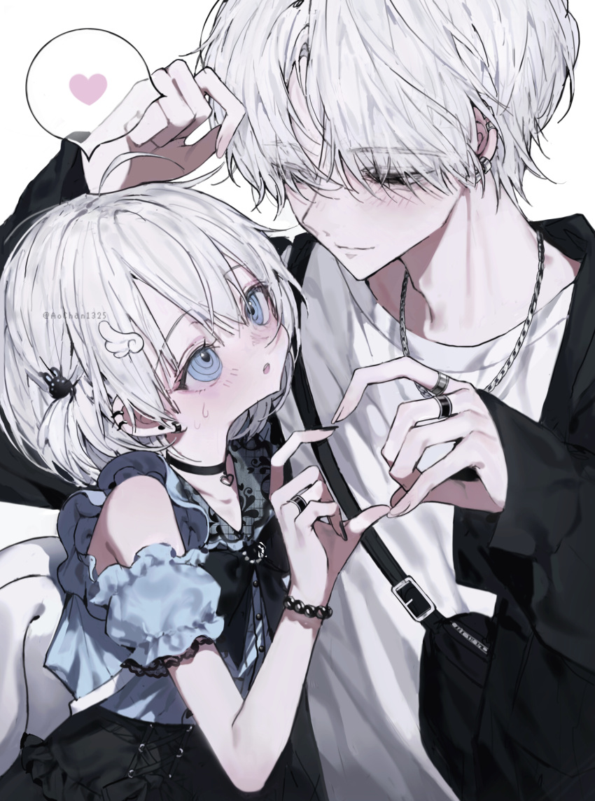 1boy 1girl absurdres ahoge aochan_1325 black_bow black_bowtie black_choker black_eyes black_jacket black_skirt blue_eyes blue_shirt blush bow bowtie choker couple detached_sleeves earrings eye_contact hair_ornament heart heart_hands heart_hands_duo hetero highres jacket jewelry jirai_kei light_smile looking_at_another necklace open_clothes open_jacket open_mouth original puffy_detached_sleeves puffy_sleeves rabbit_hair_ornament ringed_eyes shirt short_hair simple_background skirt spoken_heart upper_body white_background white_hair white_shirt wing_hair_ornament