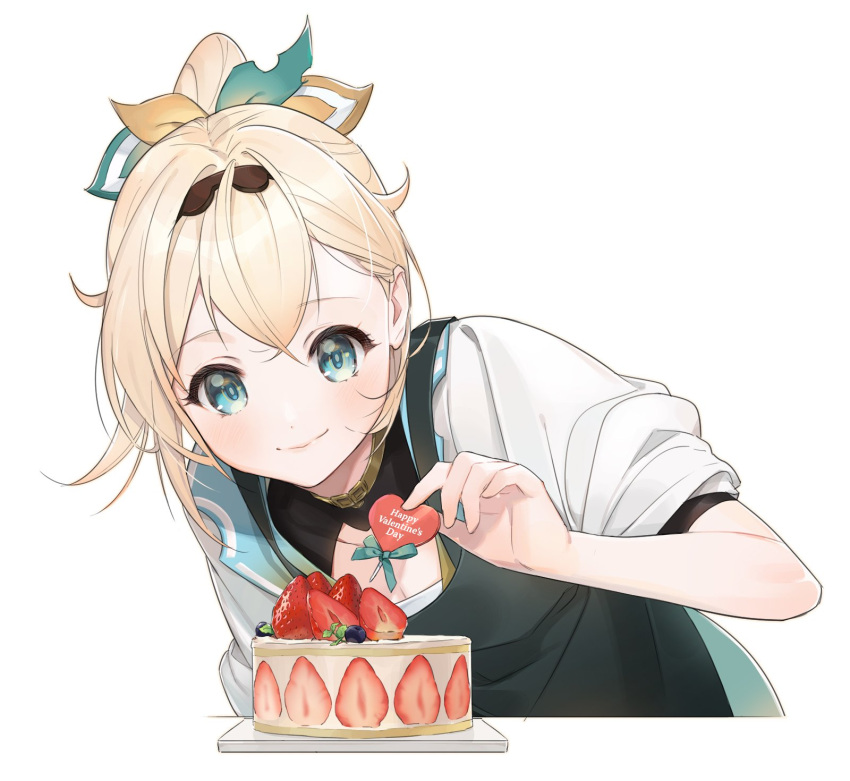1girl apron aqua_eyes black_apron black_hairband blonde_hair cake cake_decoration closed_mouth double-parted_bangs food fruit gold_trim hair_behind_ear hair_between_eyes hair_intakes hair_ornament hairband heart highres holding holding_heart hololive jacket kazama_iroha kazama_iroha_(1st_costume) leaf_hair_ornament light_blush looking_at_object looking_down ponytail simple_background sleeves_rolled_up smile solo strawberry strawberry_cake upper_body valentine virtual_youtuber white_background white_jacket zeroperpect