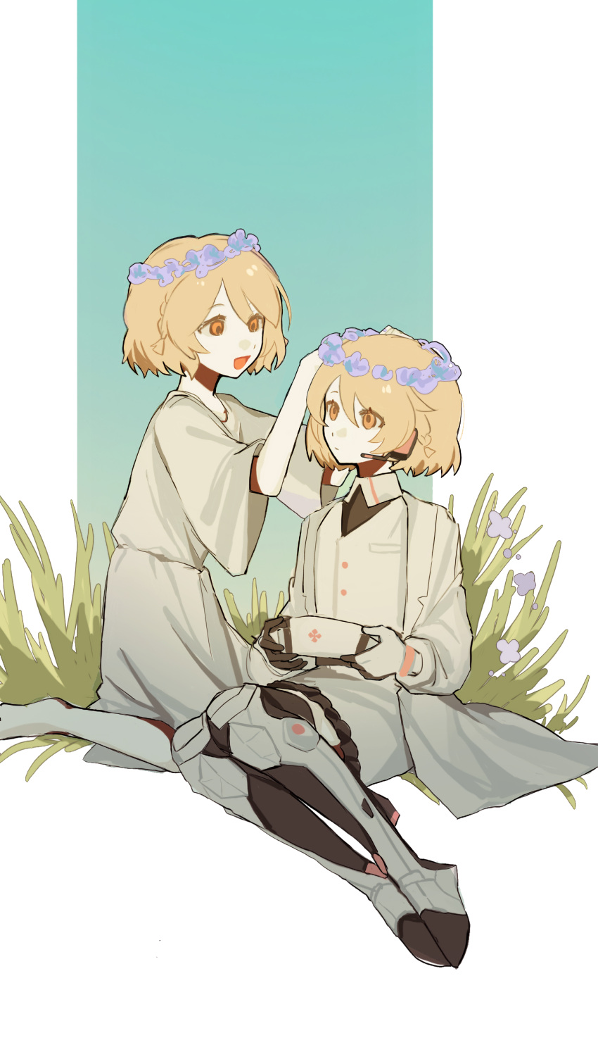 2girls absurdres adjusting_clothes adjusting_headwear barefoot black_gloves black_shirt blonde_hair blue_background braid chinese_commentary closed_mouth coat collared_shirt commentary_request dress dual_persona expressionless eye_contact flower gloves grass grey_dress hands_on_another's_head hat head_wreath headset highres holding holding_clothes holding_hat jacket kneeling lab_coat long_sleeves looking_at_another mechanical_legs multicolored_background multiple_girls nurse_cap nurse_robot_type_t open_clothes open_coat open_mouth orange_eyes pale_skin piru_jiumeng purple_flower shirt short_hair side_braid sitting smile two-tone_gloves unworn_headwear utau white_background white_gloves white_jacket yokozuwari