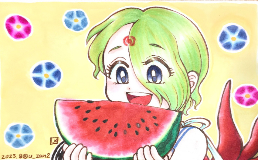 1girl :d blue_eyes breath_of_fire breath_of_fire_v dated facial_mark food fruit green_hair hair_over_one_eye nina_(breath_of_fire_v) open_mouth red_wings short_hair shuri_n smile solo tattoo watermelon wings