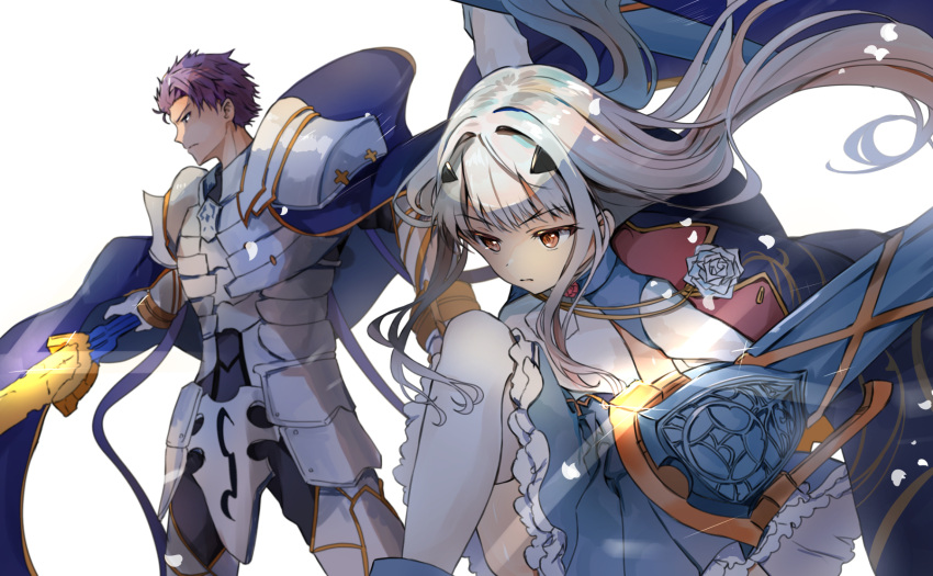 1boy 1girl ameshiki armor blue_cape blue_dress breasts cape cross dress fate/grand_order fate_(series) flower forked_eyebrows frills gauntlets hair_ornament highres holding holding_sword holding_weapon kneeling knight knights_of_the_round_table_(fate) lancelot_(fate/grand_order) long_hair long_sleeves melusine_(fate) melusine_(second_ascension)_(fate) purple_hair rose short_hair shoulder_armor sidelocks simple_background small_breasts sword thigh-highs thighs violet_eyes weapon white_background white_flower white_hair white_rose white_thighhighs yellow_eyes