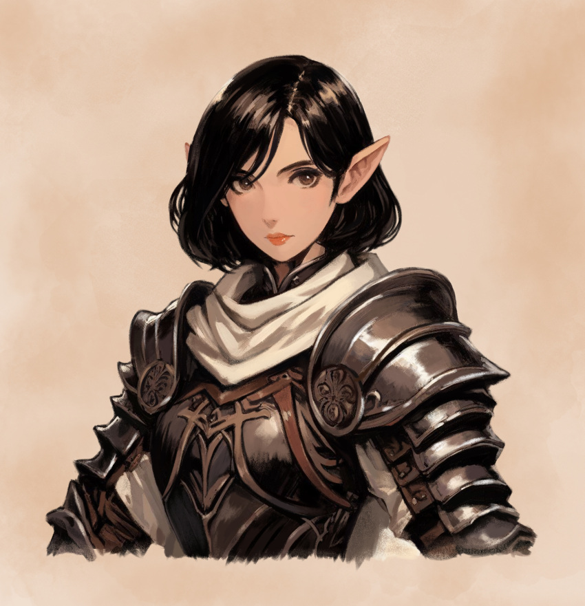 1girl absurdres armor arms_at_sides black_hair bob_cut breastplate brown_background brown_eyes closed_mouth commentary cropped_torso dungeons_and_dragons elf expressionless highres lips lipstick long_sleeves looking_at_viewer makeup medium_hair original pauldrons pink_lips plate_armor pointy_ears portrait sai_(bankoru) scarf shoulder_armor solo swept_bangs upper_body white_scarf
