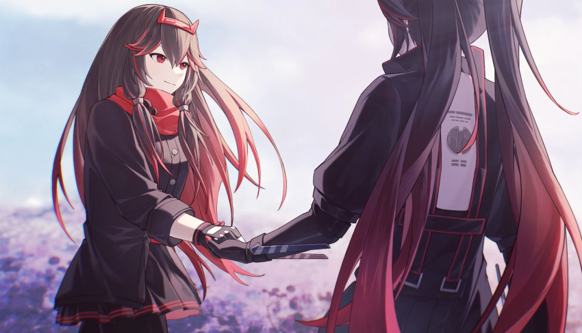 2girls back_cutout black_pantyhose black_shirt brown_hair chinese_commentary clothing_cutout commentary double-parted_bangs dual_persona fake_horns field fingerless_gloves flower flower_field gloves gradient_hair highres holding_hands horns long_hair low_tied_sidelocks lucia:_lotus_(punishing:_gray_raven) lucia:_plume_(punishing:_gray_raven) lucia_(punishing:_gray_raven) mechanical_hands mechanical_parts multicolored_hair multiple_girls pantyhose pleated_skirt punishing:_gray_raven red_eyes red_scarf redhead scarf shirt skirt streaked_hair twintails very_long_hair zhou_huan_(dgpe2833)