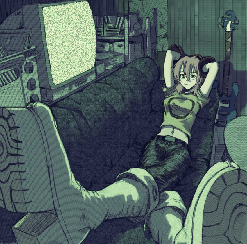 1girl 2000s_(style) belt boots breasts couch flcl gloves guitar hair_between_eyes haruhara_haruko highres instrument kog on_couch pink_hair shirt shoe_soles solo television white_footwear