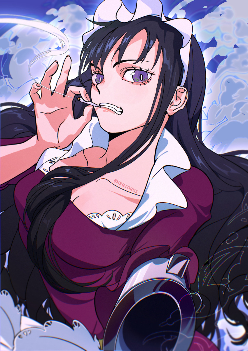 1girl absurdres artist_name baby_5 black_hair cigarette commentary dress english_commentary gun highres holding holding_cigarette holding_weapon long_hair looking_at_viewer maid maid_headdress mygiorni one_piece purple_dress smoke smoking solo teeth violet_eyes weapon