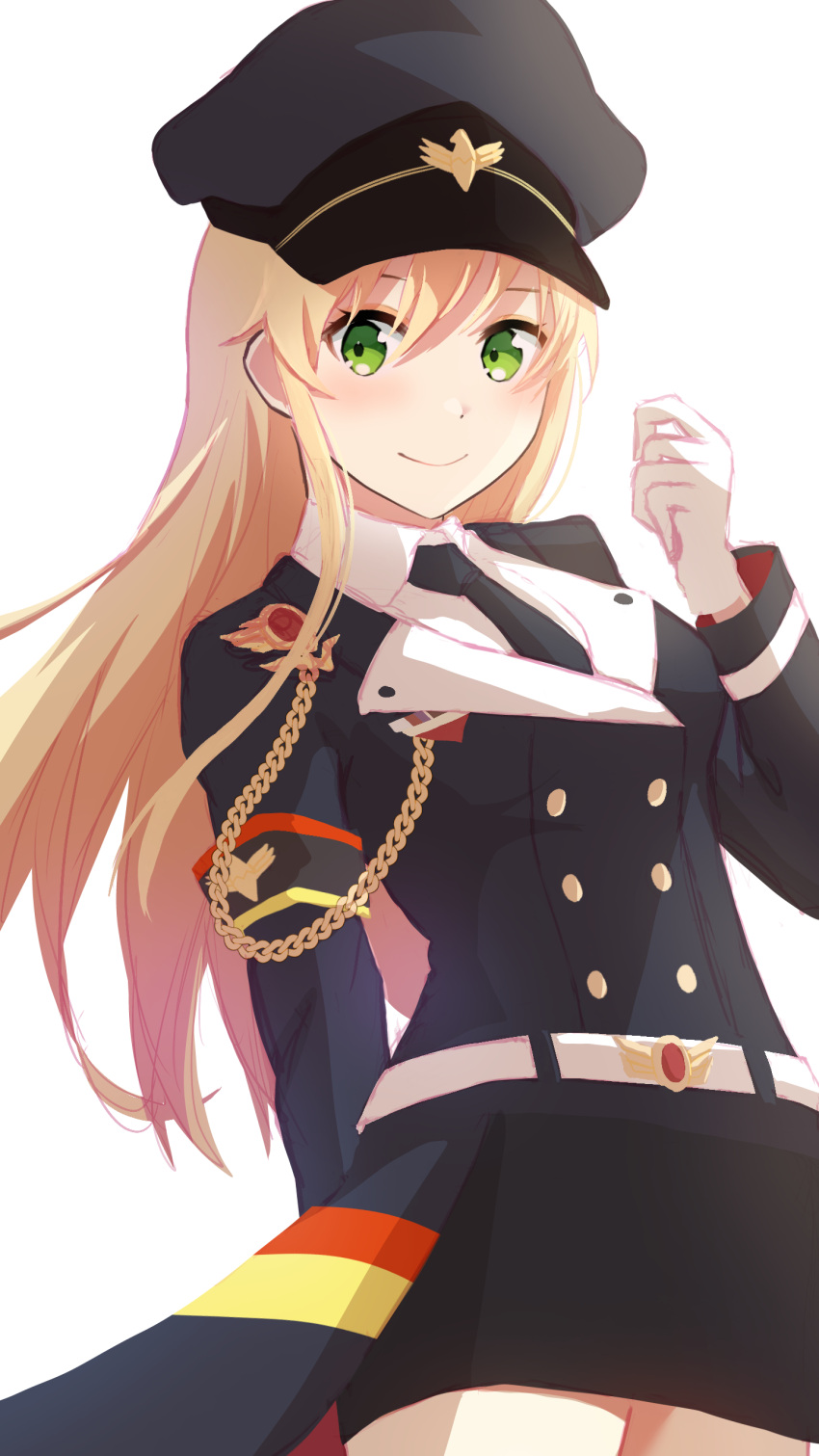 2525madara3 absurdres armband blonde_hair blush commission commissioner_upload girls_frontline gloves green_eyes hat highres long_hair looking_at_viewer military_hat military_uniform necktie shirt skeb_commission smile stg44_(girls'_frontline) uniform white_gloves white_shirt