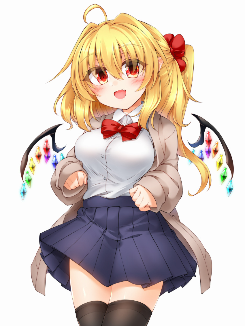 1girl ahoge bat_wings black_thighhighs blonde_hair blue_skirt blush bow breasts brown_cardigan cardigan collared_shirt commentary crystal dot_nose dress_shirt eyes_visible_through_hair fang flandre_scarlet hair_between_eyes hair_ornament hair_scrunchie happy highres large_breasts long_sleeves looking_at_viewer marukyuu_ameya medium_hair miniskirt nail_polish open_cardigan open_clothes open_mouth pleated_skirt pointy_ears ponytail red_bow red_eyes red_nails red_scrunchie school_uniform scrunchie shirt shirt_tucked_in side_ponytail simple_background skin_fang skirt solo thick_eyelashes thigh-highs thighs tongue touhou uniform white_background white_shirt wings zettai_ryouiki
