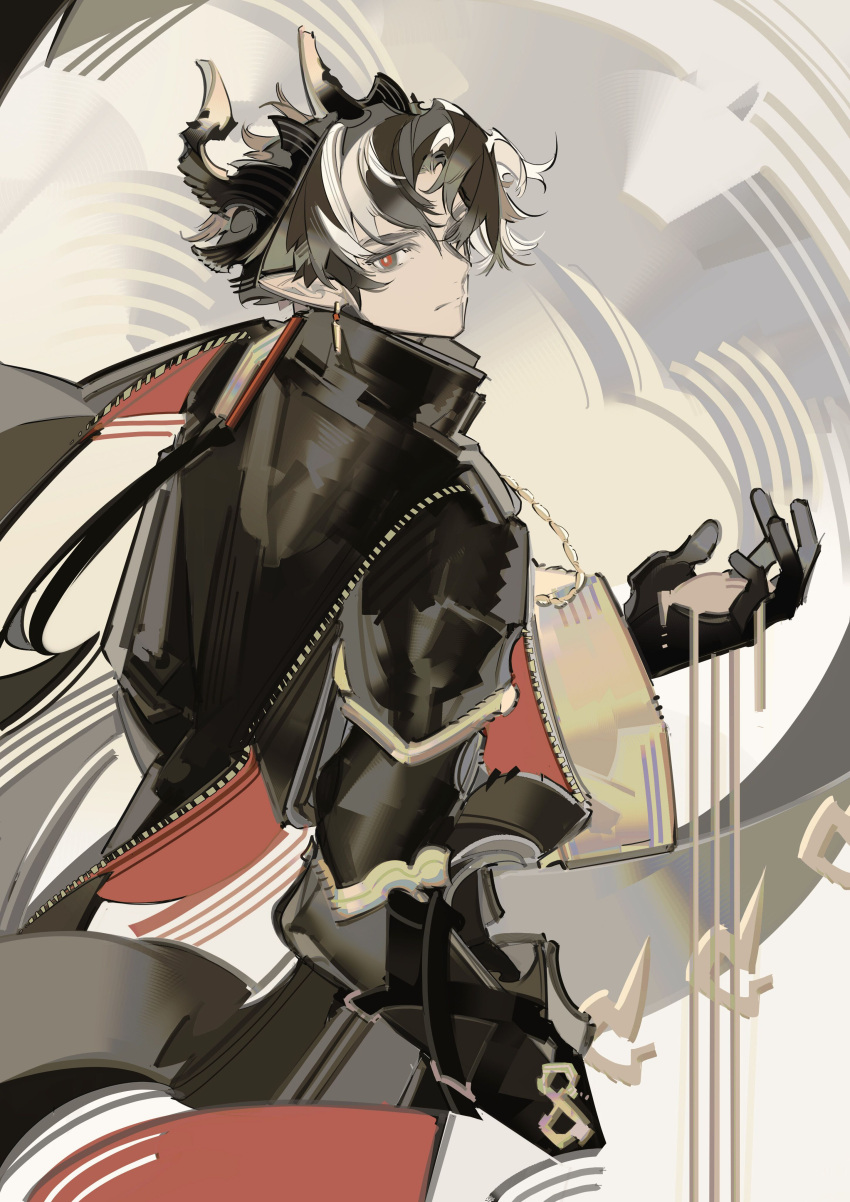 1boy absurdres arknights black_gloves black_hair black_skin bright_pupils chong_yue_(arknights) colored_skin dragon_boy dragon_horns from_side gloves gradient_skin hand_up highres horns long_hair long_tail looking_at_viewer male_focus multicolored_hair pointy_ears red_eyes rin_lingsong sanpaku short_hair simple_background solo streaked_hair tail thick_eyebrows upper_body