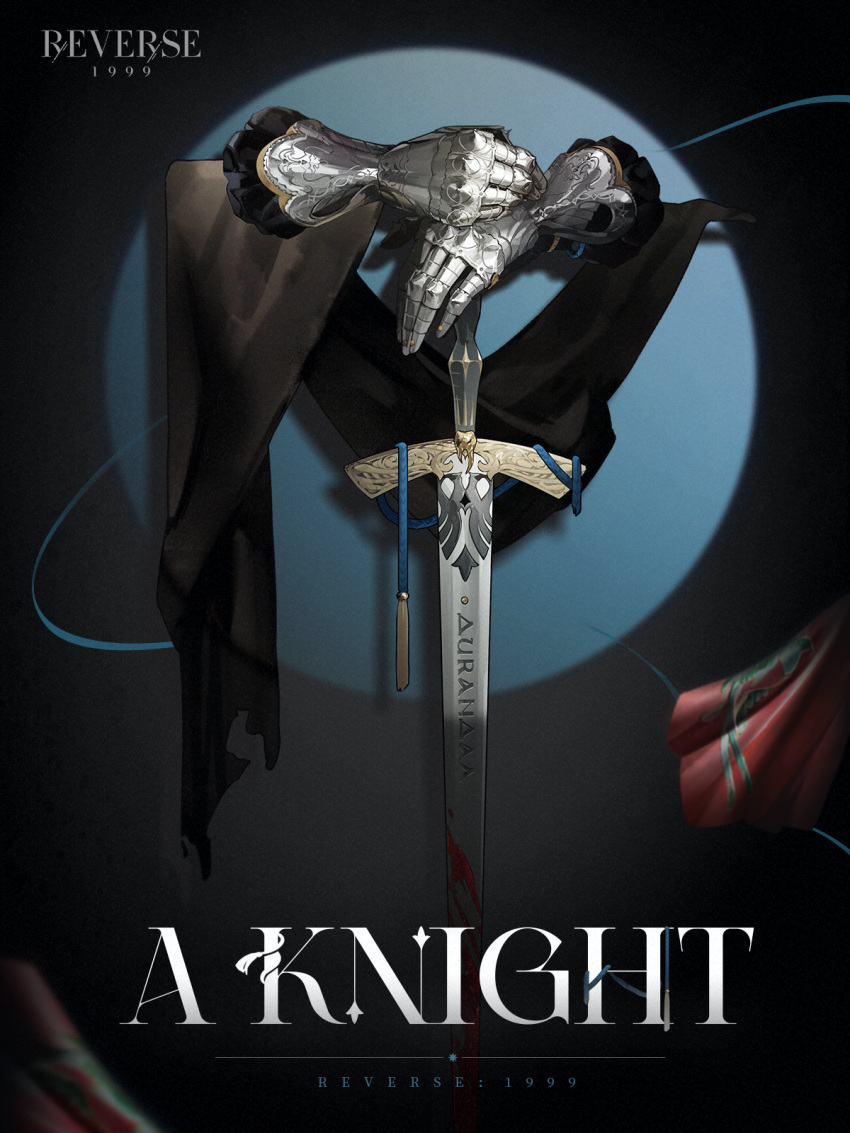 1boy a_knight armor blood blood_on_weapon blue_background character_name circle cloth copyright_name dark_background gauntlets handkerchief hands_on_hilt highres invisible knight logo long_sword male_focus official_art planted planted_sword reverse:1999 solo spotlight sword two-tone_background weapon