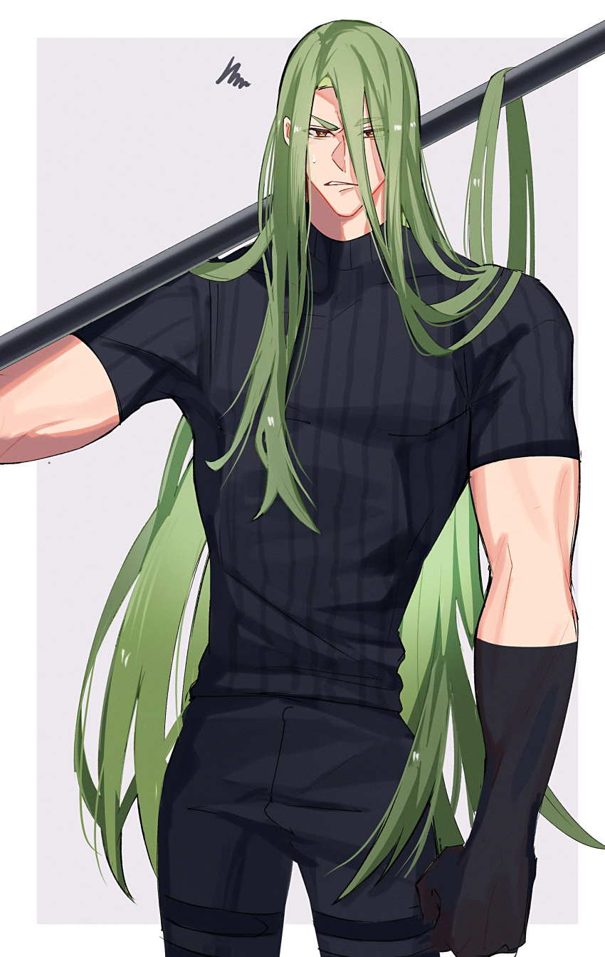 1boy absurdres achilles_(fate) alternate_hair_length alternate_hairstyle arm_at_side black_gloves black_pants black_shirt border brown_eyes clenched_teeth elbow_gloves fate/grand_order fate_(series) gloves green_hair grey_background haruakira highres holding holding_polearm holding_weapon long_hair looking_at_viewer male_focus mature_male over_shoulder pants polearm ribbed_shirt shirt solo squiggle sweatdrop teeth thigh_strap very_long_hair weapon weapon_over_shoulder white_border