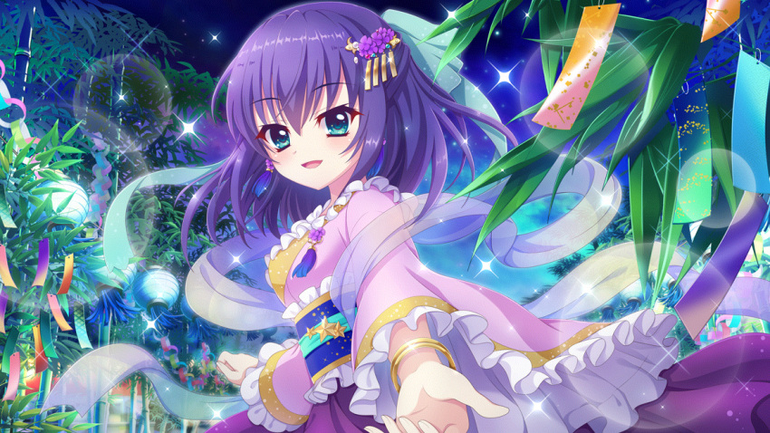 1girl aqua_eyes bamboo bamboo_forest bangle blue_hair blue_sash bracelet breasts clouds dot_nose earrings film_grain forest frilled_kimono frills from_side fukinagashi game_cg hair_ornament honjou_kasumi izumi_tsubasu japanese_clothes jewelry kimono lens_flare looking_at_viewer medium_breasts medium_hair nature night night_sky non-web_source obi official_art open_mouth paper_chain pink_kimono re:stage! reaching reaching_towards_viewer sash sky smile solo sparkle star_(sky) star_(symbol) tanabata tanzaku