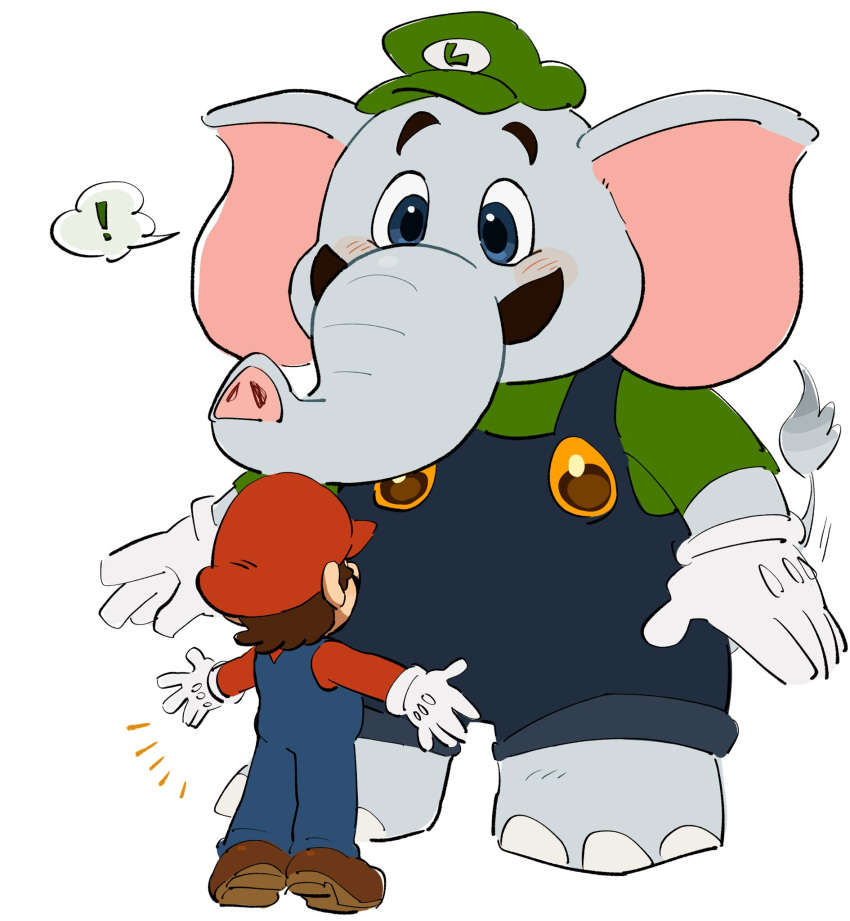 ! 2boys barefoot blue_eyes blue_overalls brothers brown_footwear brown_hair cabbie_hat elephant_boy elephant_ears elephant_luigi elephant_tail facial_hair gloves green_headwear hat height_difference highres incoming_hug initial letter_print luigi mario mimimi_(mimimim9999) multiple_boys mustache outstretched_arms overalls red_headwear shoes siblings size_difference spoken_exclamation_mark super_mario_bros. super_mario_bros._wonder white_gloves