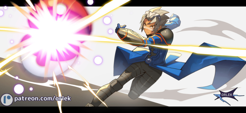 1boy artist_name blue_coat blue_gloves closed_mouth coat commentary gloves grey_hair leg_up letterboxed male_focus orange_eyes orlek pants patreon_logo poke_ball poke_ball_(basic) pokemon pokemon_colosseum short_hair solo standing standing_on_one_leg throwing watermark web_address wes_(pokemon)